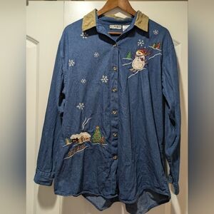 Vintage Women's Denim Button Up Top Corduroy Collar 90s Christmas Holiday Sz 1X